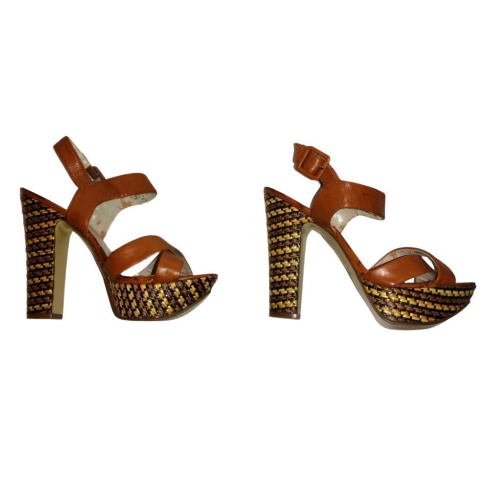 Nine West Chunky Platform 5.5 inch heel Woven Accent on Brown Leather